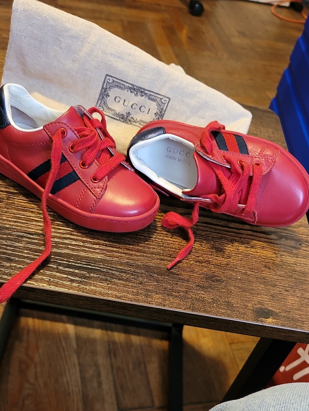 Gucci Red Leather Kids Sneakers with Blue Stripe